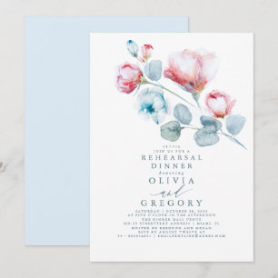 Dusty Blue Roos Floral Elegant Rehearsal Dinner Kaart