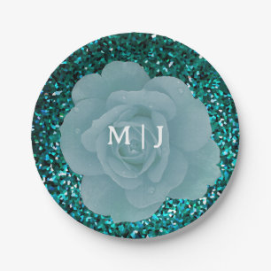 Dusty Blue Roos Glittery Monogram Elegant Wedding Papieren Bordje