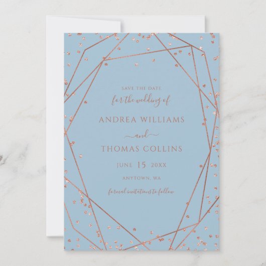 Dusty Blue Roos Gold Glitter Geometrische bruiloft Save The Date (Voorkant)