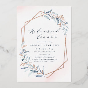 Dusty Blue Roos Gold Rustic Rehearsal Dinner Folie Uitnodiging