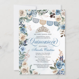 Dusty Blue Roos met Tiara Country Quinceañera Kaart