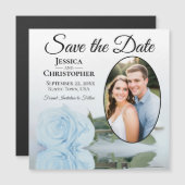 Dusty Blue Roos Save the Date Oval Photo Magnet (Voorkant / Achterkant)