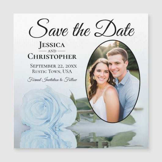 Dusty Blue Roos Save the Date Oval Photo Magnet (Voorkant)