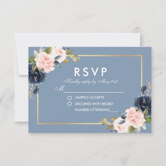 Dusty Blue Rose Blush Floral Gold Wedding RSVP (Devant)