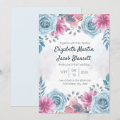 Dusty Blue Rose et rose Floral Faire-part de maria (Devant / Derrière)