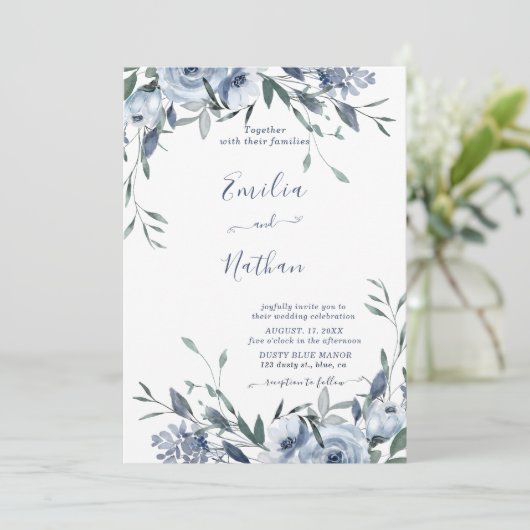 Dusty Blue Rose Floral Faire-part de mariage (Debout devant)