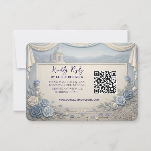 Dusty Blue Rose Romantic Wedding QR Code RSVP Kaartje (Voorkant)