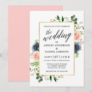 Dusty Blue Roses Calligraphy Wedding Kaart