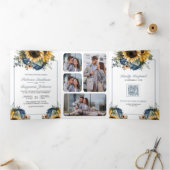 Dusty Blue Roses Sunflowers Photo QR Code Wedding Drieluik Uitnodiging (Binnen)