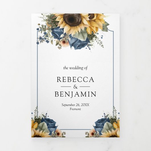 Dusty Blue Roses Sunflowers Photo QR Code Wedding Drieluik Uitnodiging (Cover)