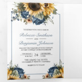 Dusty Blue Roses Sunflowers Photo QR Code Wedding Drieluik Uitnodiging (Binnenzijde eerst)