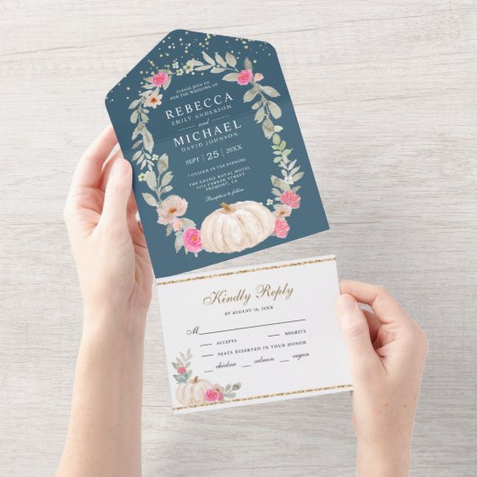 Dusty Blue Roses White Pumpkin Weddenschap All In One Uitnodiging (Afscheurbaar)