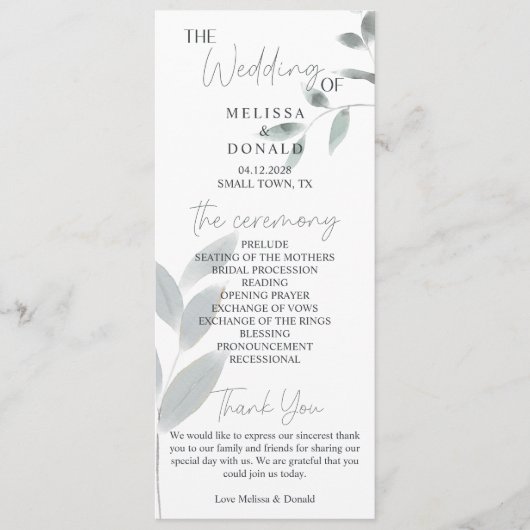 Dusty Blue Rozen Flowers Eenvoudig trouwprogramma Programma (Voorkant)