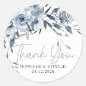 Dusty Blue Rozen Flowers Script Dank je bruiloft Ronde Sticker (Voorkant)