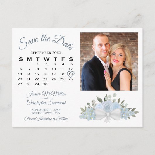 Dusty Blue Rozen Photo & Calendar Save the Date Aankondigingskaart (Voorkant)