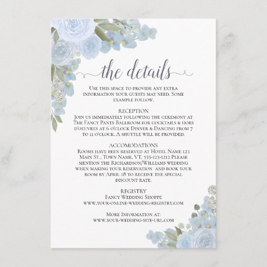 Dusty Blue Rozen rustieke Boho chique bruiloft Det Informatiekaartje (Voorkant)