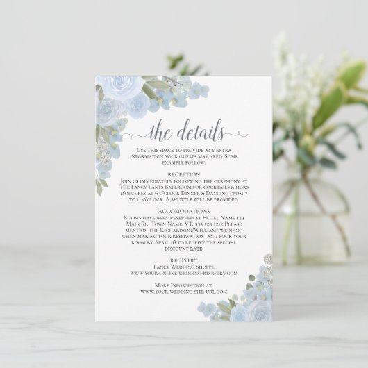 Dusty Blue Rozen rustieke Boho chique bruiloft Det Informatiekaartje (Staand voorkant)