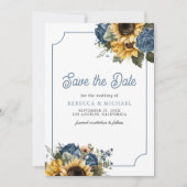 Dusty Blue Rozen Zonnebloemen Fotobruiloft Save The Date (Voorkant)