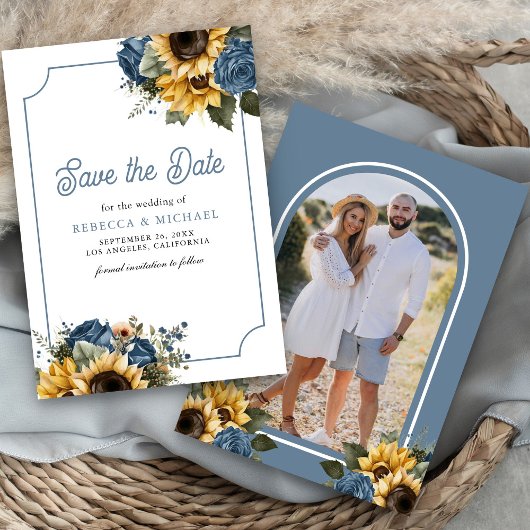 Dusty Blue Rozen Zonnebloemen Fotobruiloft Save The Date