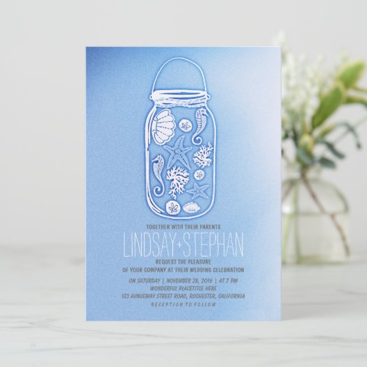 Dusty Blue Rustic Beach Invitations de mariage (Debout devant)