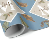Dusty Blue Rustic Brown Leaves Monogramed Cadeaupapier (Rol Hoek)