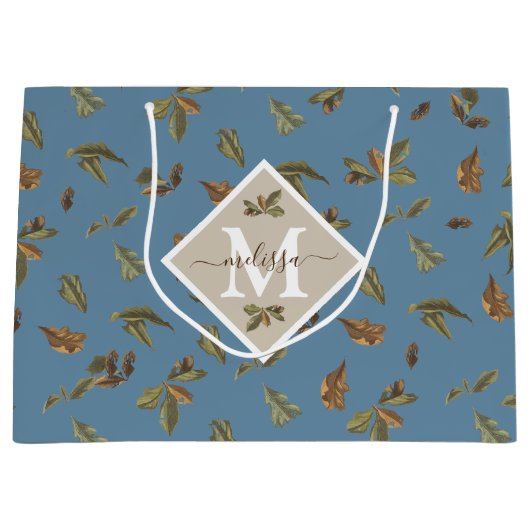 Dusty Blue Rustic Brown Leaves Monogramed Groot Cadeauzakje (Voorkant)