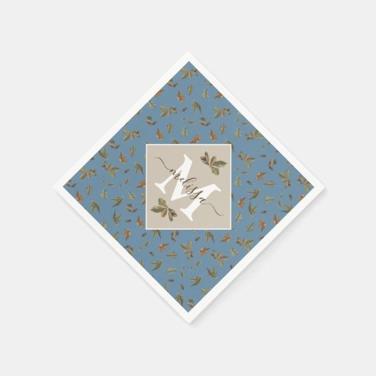 Dusty Blue Rustic Brown Leaves Monogramed Servet (Hoek)