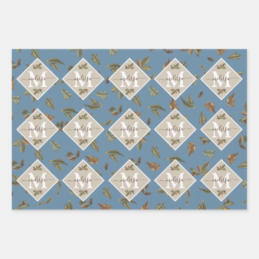 Dusty Blue Rustic Feuilles Brown Monogramme (Devant 2)