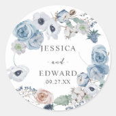 Dusty Blue Rustic Wedding Floral Ronde Sticker (Voorkant)