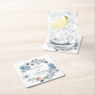 Dusty Blue Rustic Wedding Floral Vierkante Kartonnen Onderzetter
