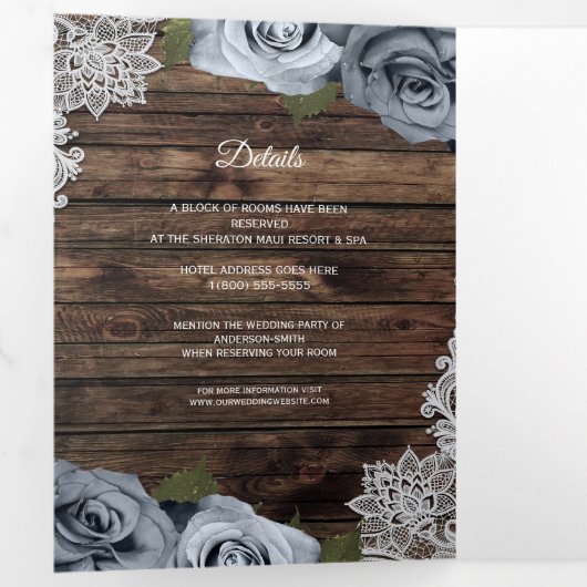 Dusty Blue Rustic Wood Trifold Wedding Programme (Intérieur en premier)