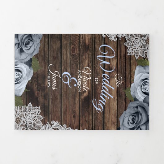 Dusty Blue Rustic Wood Trifold Wedding Programme (Page de couverture)