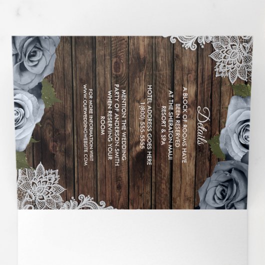 Dusty Blue Rustic Wood Trifold Wedding Programme (Intérieur en premier)