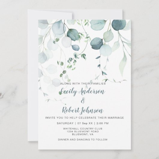 Dusty Blue & Sage Green Eucalyptus op wit Kaart (Voorkant)