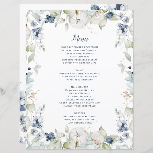 Dusty Blue Sage Green Winter Floral Menu Mariage (Devant / Derrière)