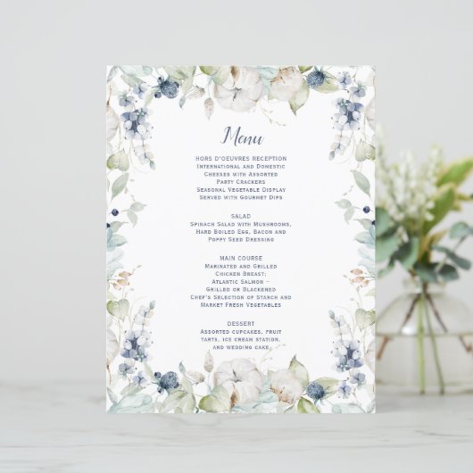 Dusty Blue Sage Green Winter Floral Menu Mariage (Debout devant)