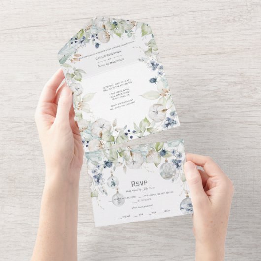 Dusty Blue Sage Green Winter Floral Wedding All In One Uitnodiging (Afscheurbaar)