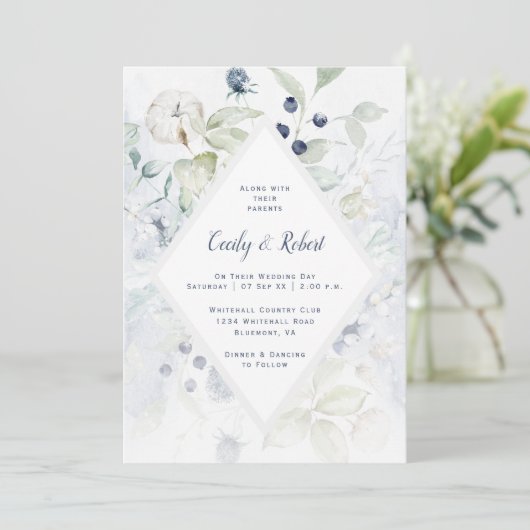 Dusty Blue Sage Groen Bloemen Diamant Lijst Bruilo Kaart (Staand voorkant)