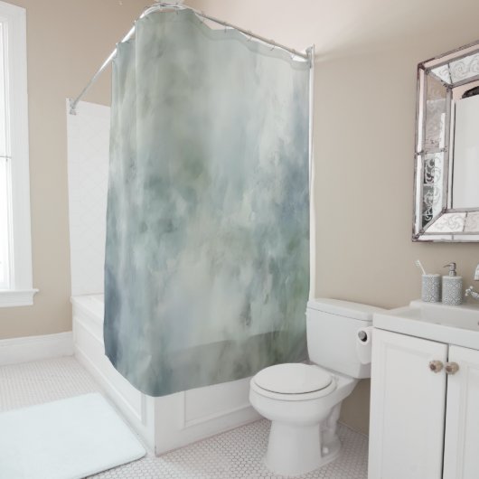 Dusty Blue Sage Groen Wit Waterverf Abstract Douchegordijn (In situ)