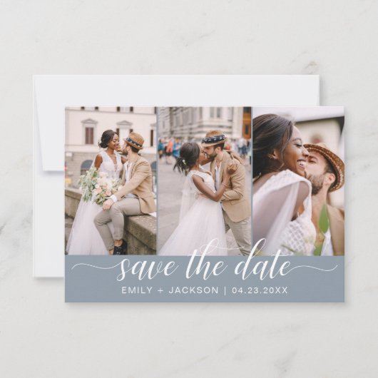 Dusty Blue Save the Date 3 Photo Elegant Modern (Devant)