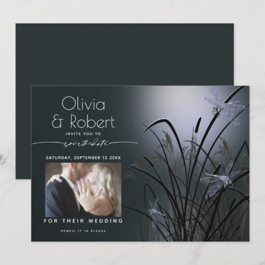 Dusty Blue Save the Date Moonlight Dragonfly Kaart (Voorkant / Achterkant)