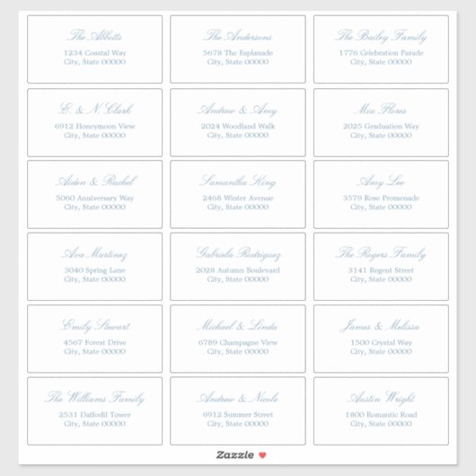 Dusty Blue Script 18 Étiquettes de adresse invités (Feuille)