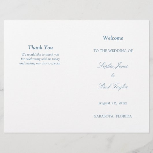Dusty Blue Script Bi-Fold huwelijksprogramma (Voorkant)