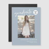 Dusty Blue Script School Graduate Photo Magnet (Devant / Derrière)