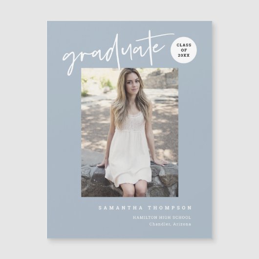 Dusty Blue Script School Graduate Photo Magnet (Devant)