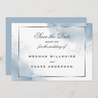Dusty Blue Script Silver Save the Date Kaart