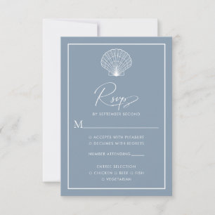 Dusty Blue Seashell Beach Bruiloft Elegant RSVP Kaartje