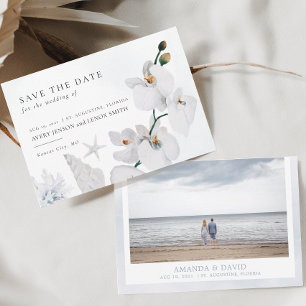 Dusty Blue Seashell White Orchid Beach met foto Save The Date