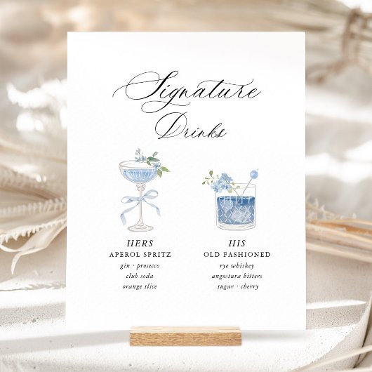 Dusty Blue Signature Drinks Wedding Reclamebord Met Voetstuk