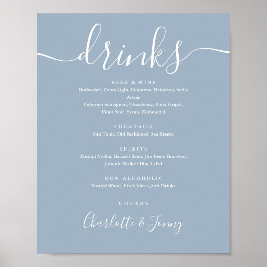 Dusty Blue Signature Script Drinken Menu Sign Poster (Voorkant)